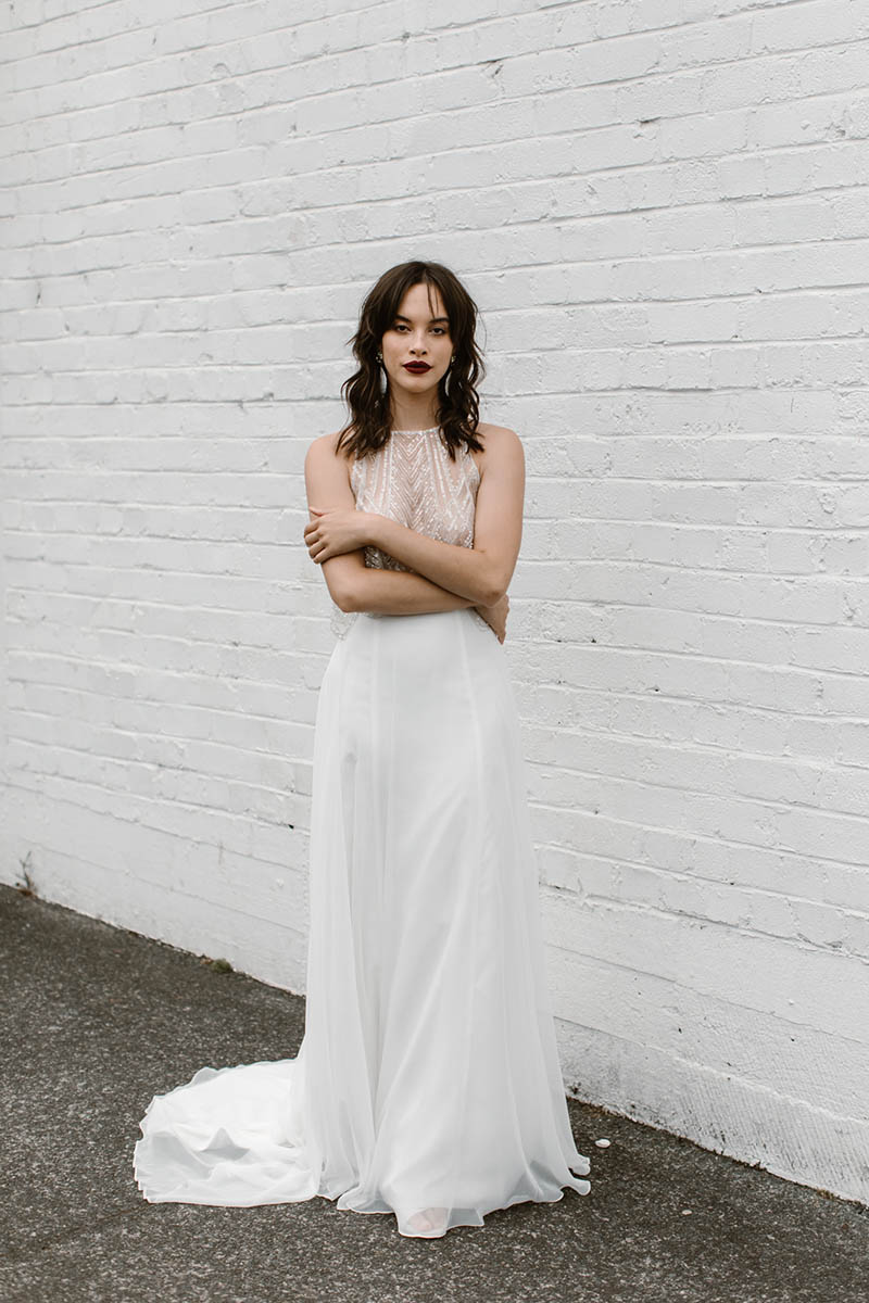 two piece wedding dress with a sparkle top and flowing chiffon skirt by kellylin couture