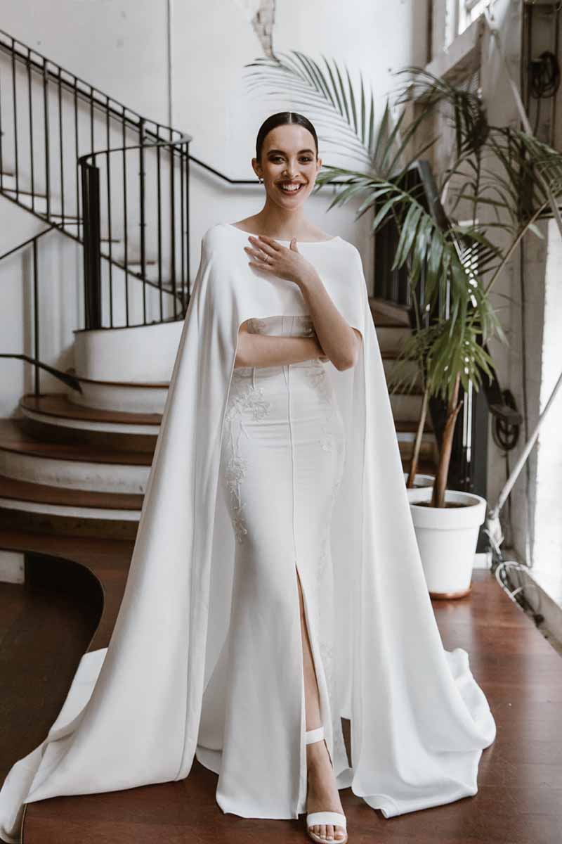 Our Zamara cape is a modern alternative to the Veil and a statement-making trend that injects some serious drama into your wedding day look