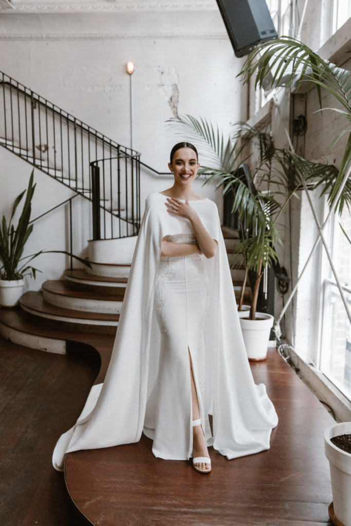 simples ivory hazel wedding gown with cape